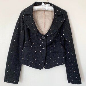 Vtg Benetton UK 12 Black Eyelet Scoop Neck Fitted Cotton Jacket Black Nude